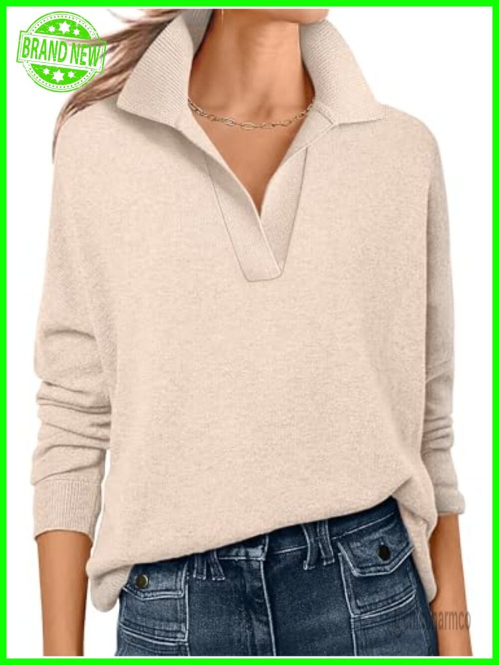 Women's Polo V Neck Lightweight Fall Sweater Long Sleeve Pullover